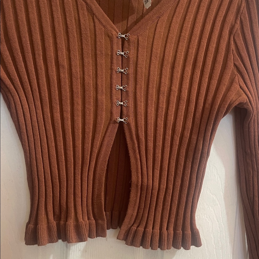 Brown Ribbed V-Neck Sweater - Picture 3 of 6